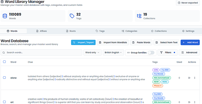 Screenshot of GridForge Studio word library interface